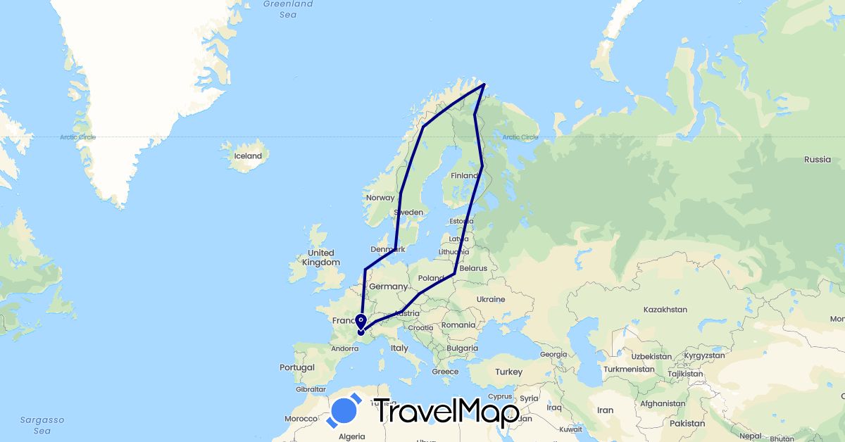 TravelMap itinerary: driving in Austria, Switzerland, Denmark, Estonia, Finland, France, Netherlands, Norway, Poland, Sweden (Europe)